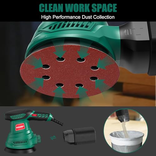 HYCHIKA Orbital Sander, 300W 13000RPM Random Orbital Sander, 6 Variable Speeds, 125mm 12Pcs Sandpapers, Electric Sander with Dust Collection Ideal for Sanding, Polishing Wood, DIY, Home Improvements