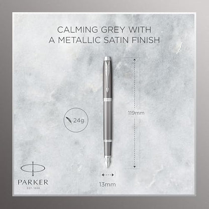 PARKER IM Writing Rituals Fountain Pen, Grey Finish with Gradient, Chrome Trims, Fine Nib, Blue Ink, Gift Box