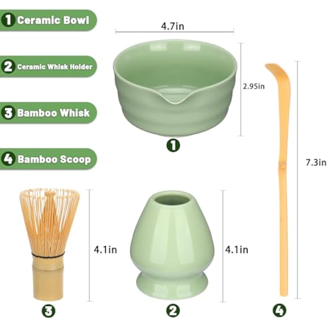 Geebuzz Matcha Whisk Set - Matcha Bowl and Bamboo Matcha Whisk, Scoop, Spoon, Sifter, Whisk Holder, 6pcs Perfect Matcha Starter Kit for Matcha Tea Ceremony (B Green)
