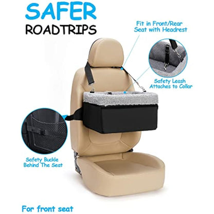 UNICITII Dog Car Seats for Small Dogs-Elevated Pet Dog Booster Seat for Dog,Raised Dog Lookout Car seat w/Clip-On Safety Leash Adjustable Pet Travel Seat, Black-9kg (BGUN-PS002c)