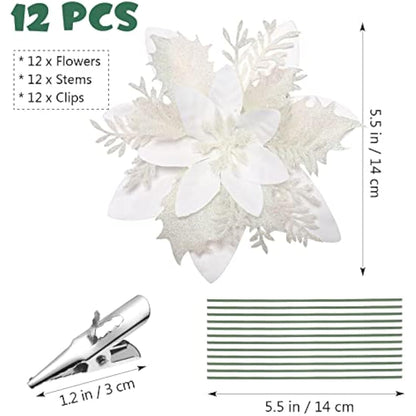 Toyvian Poinsettia Artificial Poinsettia Christmas Decorations Glitter Christmas Tree Flowers Decorations Novetly Artificial Chritstmas Flowers for Xmas Tree Decorations with Clips