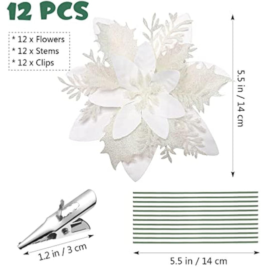 Toyvian Poinsettia Artificial Poinsettia Christmas Decorations Glitter Christmas Tree Flowers Decorations Novetly Artificial Chritstmas Flowers for Xmas Tree Decorations with Clips
