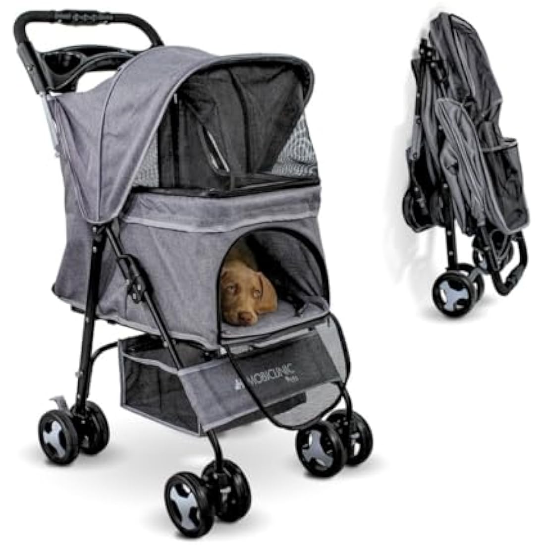 Mobiclinic® Pets Foldable Dog Pram, Up to 15 kg, Ideal for Small Dogs, Pet Stroller, Zuma, Wheels with 360° Brakes, XXL Basket, 3 Windows with Zip and Mosquito Net, Cup Holder