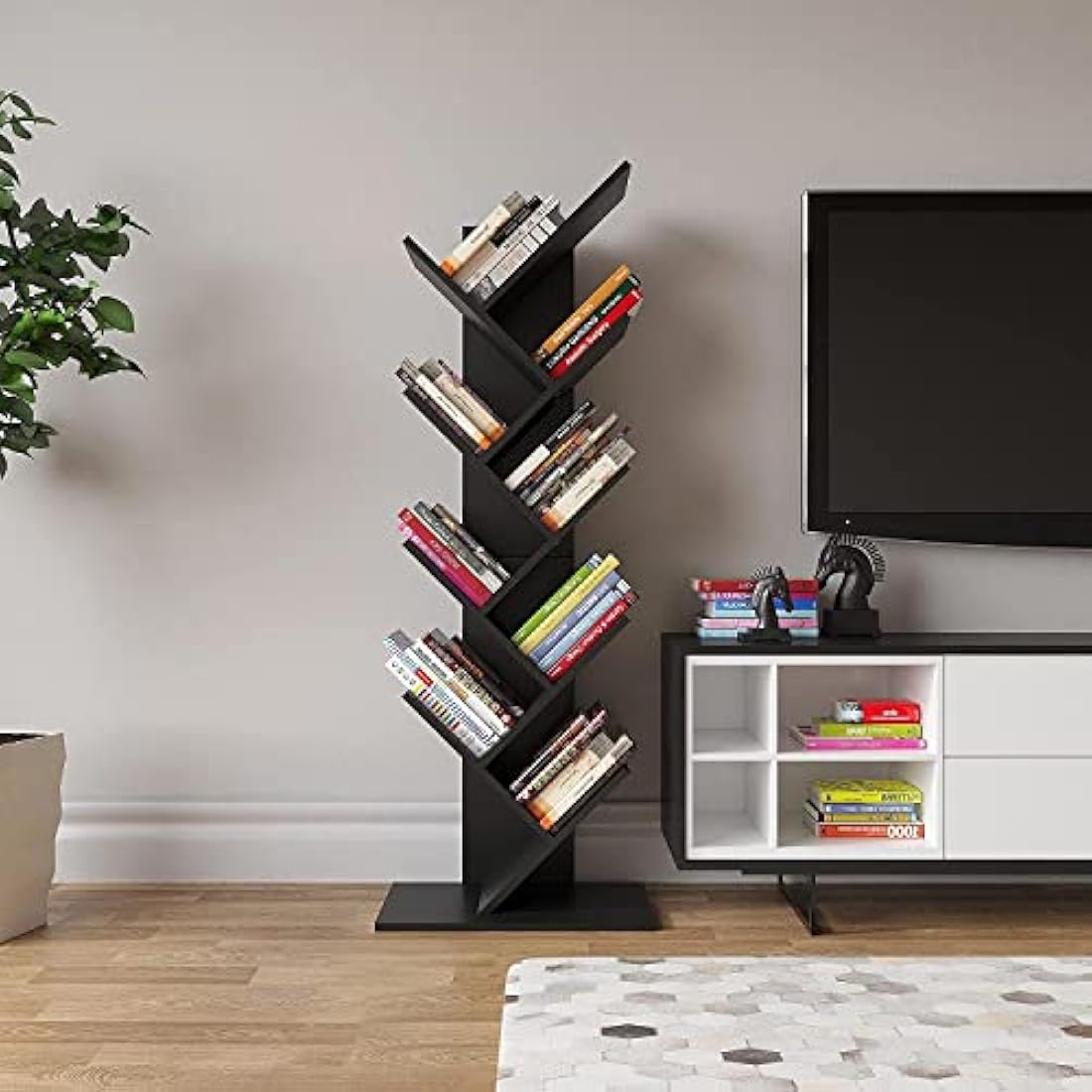 YITAHOME Tree Bookshelf, Floor Standing Book Shelf, Tall Industrial Wooden Shelves Bookcase, Display Storage Shelving Units for Living Room Home Office - Black Bookshelf