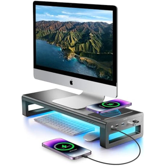 VAYDEER Monitor Stand with Wireless Charging,3 USB 3.0 Ports, 20W Type C Fast Charging, RGB Metal Computer Stand Riser for Desk,PC Screen Shelf for Office, Laptop, Computer,Printer up to 32 Inches