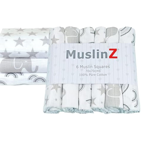 MuslinZ Muslin Squares - Muslin Cloths for Baby - Baby Burp Cloths - 6 Pack Muslins - Large 70x70cm - Boy, Girl, Unisex - Cotton - Absorbent & Breathable - Multi Use Newborn Cloths (Grey Prints)