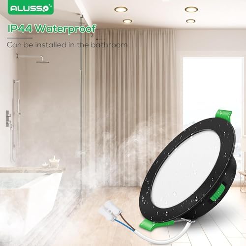 ALUSSO LED Recessed Ceiling Lights, 7W 480LM LED Downlights Dimmable, 30MM Ultra Slim Round Black Spotlights, Warm White/Neutral White/Cool White Adjustable, IP44 Waterproof for Bathroom, 12 Pack