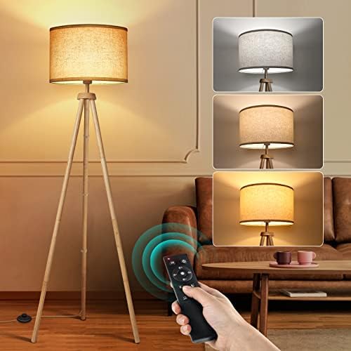 OUTON Solid Wooden Tripod Floor Lamp, Dimmable LED Standing Lamp with Remote Control & 4 Color Temperatures, 1H Timer, Floor Lamp with Linen Shade for Living Room Bedroom(Blub Included), Wood