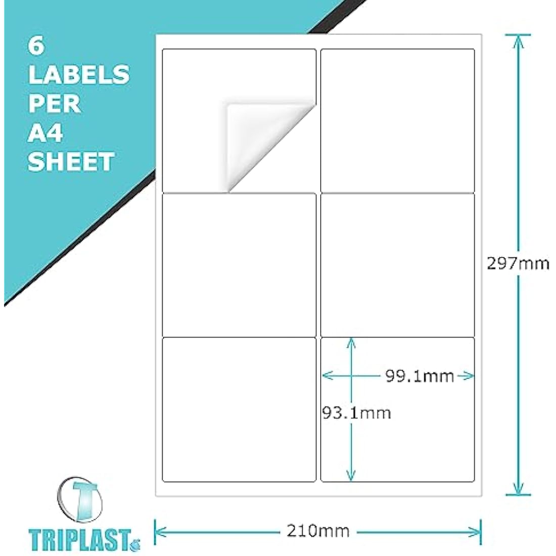 Triplast 50 x Multipurpose A4 Label Sheets - 6 Per Sheet (99 x 93mm Each) - Easy Peel White Labels Inkjet & Laser Printer - Address Labels, Shipping Labels, File Labels, DIY Stickers (TPA4L0060050)