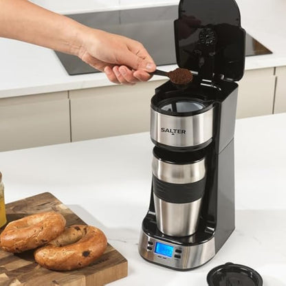 Salter EK2732 Personal Coffee Machine - One Cup Filter Coffee Maker, Includes 420ml Stainless Steel Travel Mug, Removable & Washable Filter, Quick Brew In 3-4 Mins, Compatible With Ground Coffee, 750W
