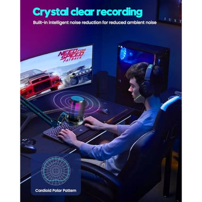 QIUOIO RGB Gaming Microphone with Boom Arm: USB Mic for PC - Streaming & Podcast Microphone Accessory - Suitable for YouTube & TikTok