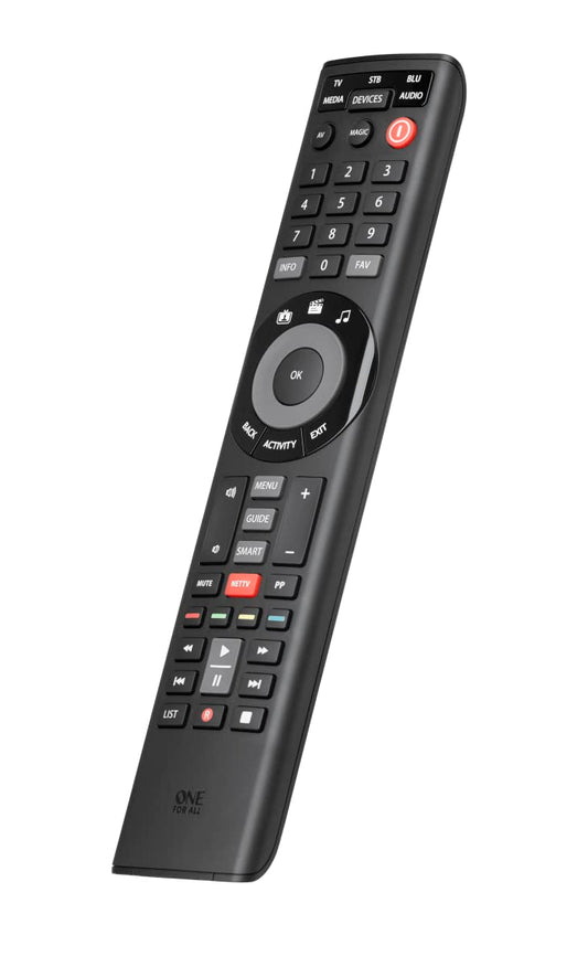 One For All Smart Control 5 - Universal remote for 5 devices (TV, Sat/Cable/DVB-T, Blu-ray, Audio, Sound bar, streaming) - free Setup App and unique