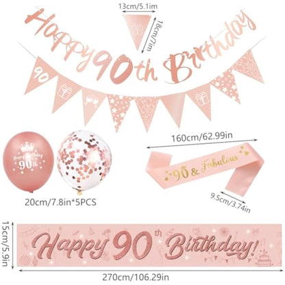 DEARLIVES 14 Pieces 90th Happy Birthday Decorations,Rose Gold 90th Birthday Party Supplies Including Happy 90th Birthday Banners Birthday Straps Triangle Flag Bunting Confetti Latex Balloons