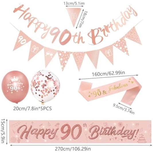 DEARLIVES 14 Pieces 90th Happy Birthday Decorations,Rose Gold 90th Birthday Party Supplies Including Happy 90th Birthday Banners Birthday Straps Triangle Flag Bunting Confetti Latex Balloons