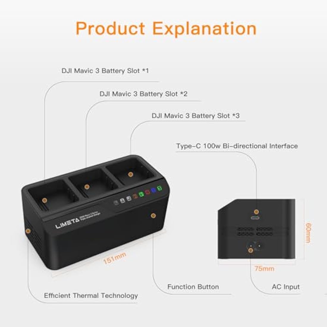 LIMETA Mavic 3/3 pro 200W Intelligent DJI Battery Charger Three-Channel Parallel Fast USB Charging Hub for DJI RC Pro Plus/RC Pro/RC/N1/Classic Remote Controller (MC336)