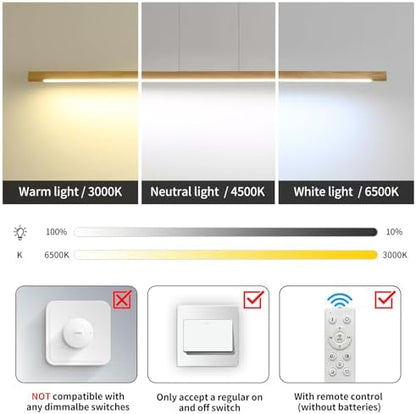 Mikeru 100cm Ash Wood Round Pendant Light, Dining Table Lights 3000K/4500K/6500K Wood Linear Pendant Light LED Dimmable 10% to 100% Modern Island Lighting for Office, Kitchen