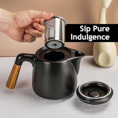 MIAMIO – 1000 ml Ceramic Tea Pot Set with Infuser and Cups/Tea Strainer, 4 Ceramic Tea Mugs (300 ml), Bamboo Saucers/Handle for Home and Office (Black)