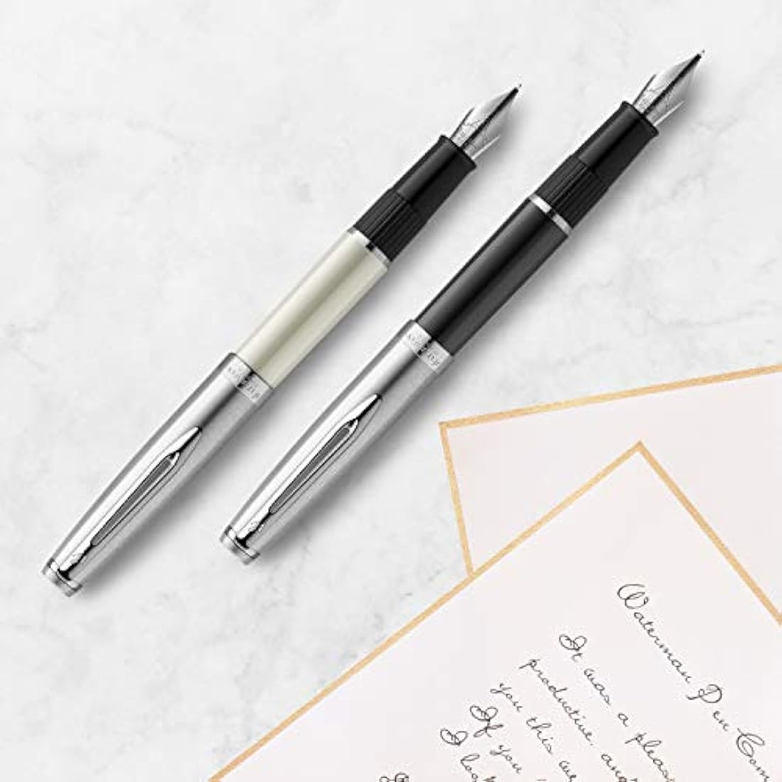 Waterman Emblème Deluxe Fountain Pen, Gold with Chrome Trim, Fine Nib with Blue Ink Cartridge, Gift Box