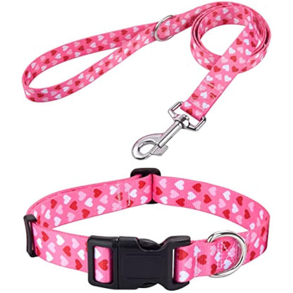 Mihqy Valentine's Day Dog Collar and Lead Set - Adjustable Heart Dog Collar - Love Theme - Perfect for Small Medium Large Dogs(Pink Heart Set,L)