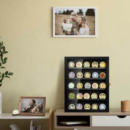 Military Challenge Coin Display Case, Coin Display Holder Wall Mount with Removable Shelves, Shadow Box for Medals Pin Badges Buttons