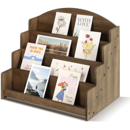PUERSI Greeting Card Display Stand Holder Rack Organizer, for Postcard Sticker Vendors Retail, 4 Tier Wooden Card Display Stand, Brown