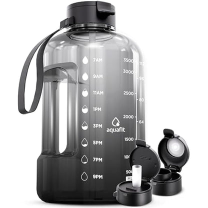 AQUAFIT 4 Litre Water Bottle with Straw - Water Bottle 4L with Time Marker - One Gallon Big Bottle with Straw - Large Bottle For Gym - 2 Lids, Grey Fade
