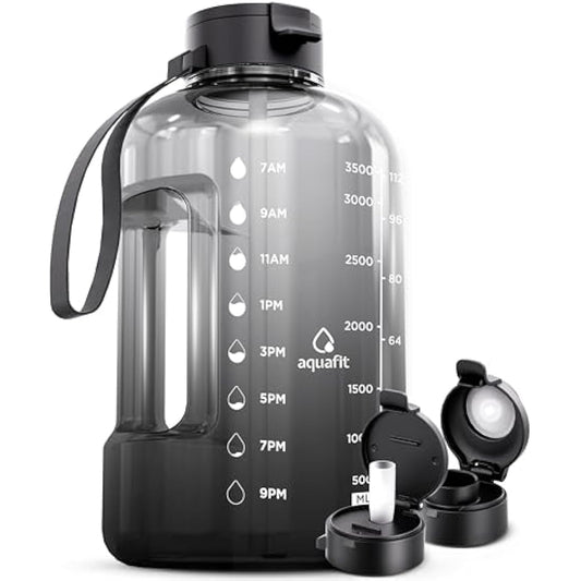 AQUAFIT 4 Litre Water Bottle with Straw - Water Bottle 4L with Time Marker - One Gallon Big Bottle with Straw - Large Bottle For Gym - 2 Lids, Grey Fade
