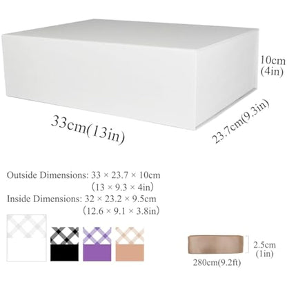 Tekhoho White Large Gift Box 33x23.7x10 cm, Premium Present Box with Magnetic Lid and Ribbon for Holidays Wedding Birthday Gift Packaging, Plaid Lining