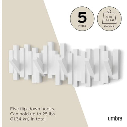 Umbra Sticks Multi Hook Coat Rack - Modern, Unique, Space-Saving Wall Mounted Coat Hanger with 5 Flip-Down Hooks for Hanging Coats, Scarves, Purses and More, White,19-1/8" x 7-1/8" x 1-1/8" h