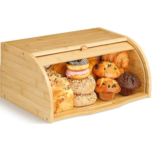 Golden Nature Bamboo Bread Box for Kitchen Countertop - Large Wooden Food Keeper w/Rolling Lid - Vintage Storage Bin for Bagels, Muffins, Cupcakes & Cookies