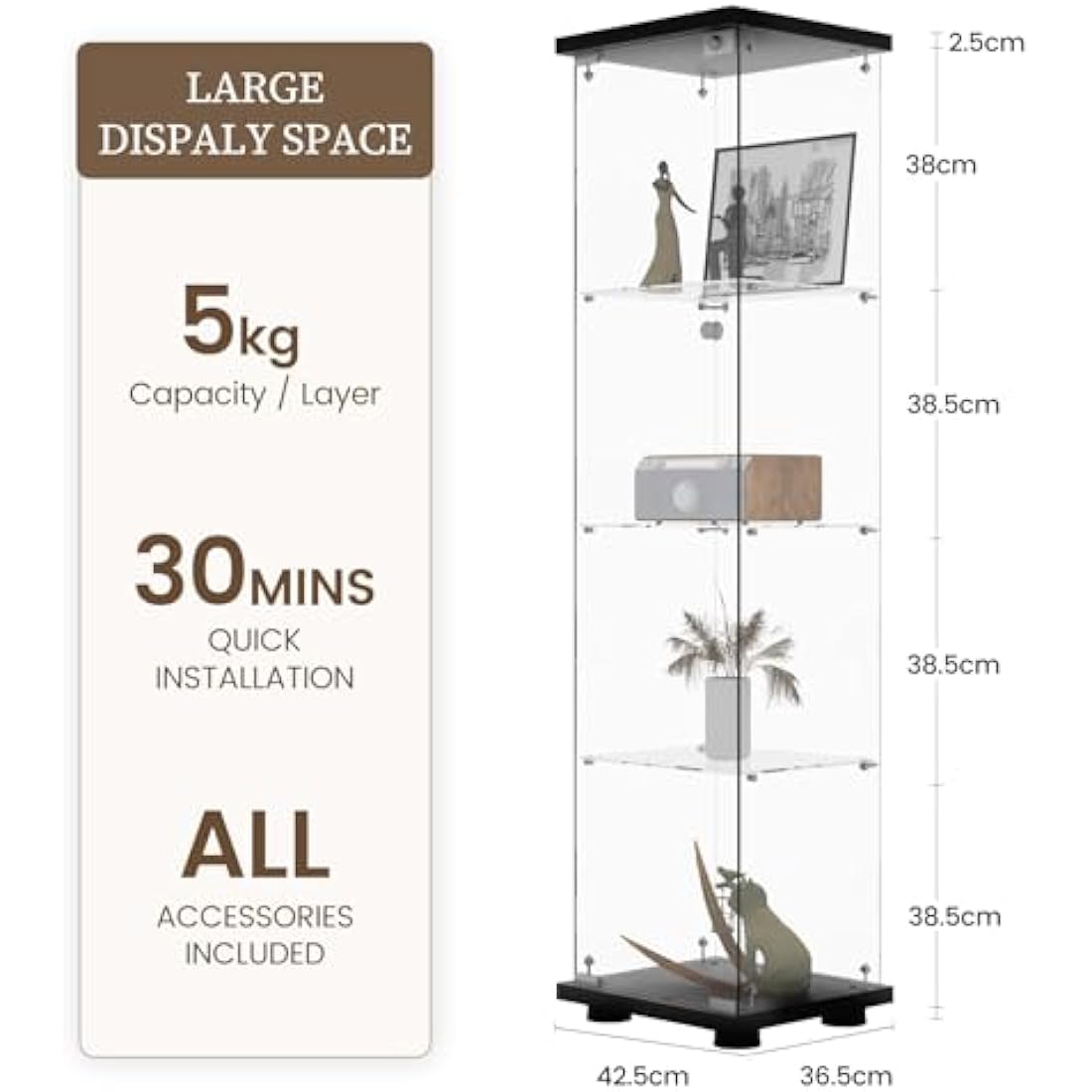 Beauty4U 4-Shelf Glass Display Cabinet, 64" Single Door Showcase Cabinet for Storage Collectables, Simple Quick Installation, Black