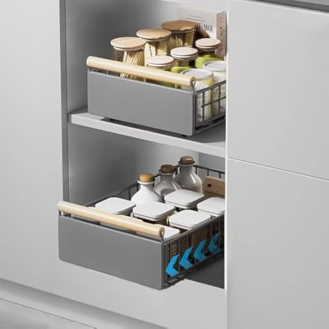 Pull Out Cabinet Organiser, pull out kitchen storage Foldable, 23.5*19.5*39.5~56.5cm, Kitchen Cupboard Organiser with Handle, No Drill Adjustable Drawers, Slide Out Drawers for Kitchen Cabinets, White