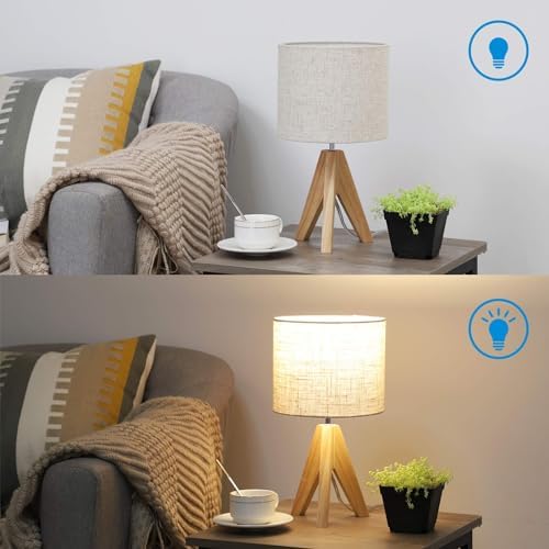 EDISHINE Bedside Lamps Set of 2, Wood Bedside Table Lamp, Tripod Desk Lamp with Beige Linen Lampshade, On-Off Switch, Desk Lamps for Living Room, Bedroom, Office, E27 Base, Linen