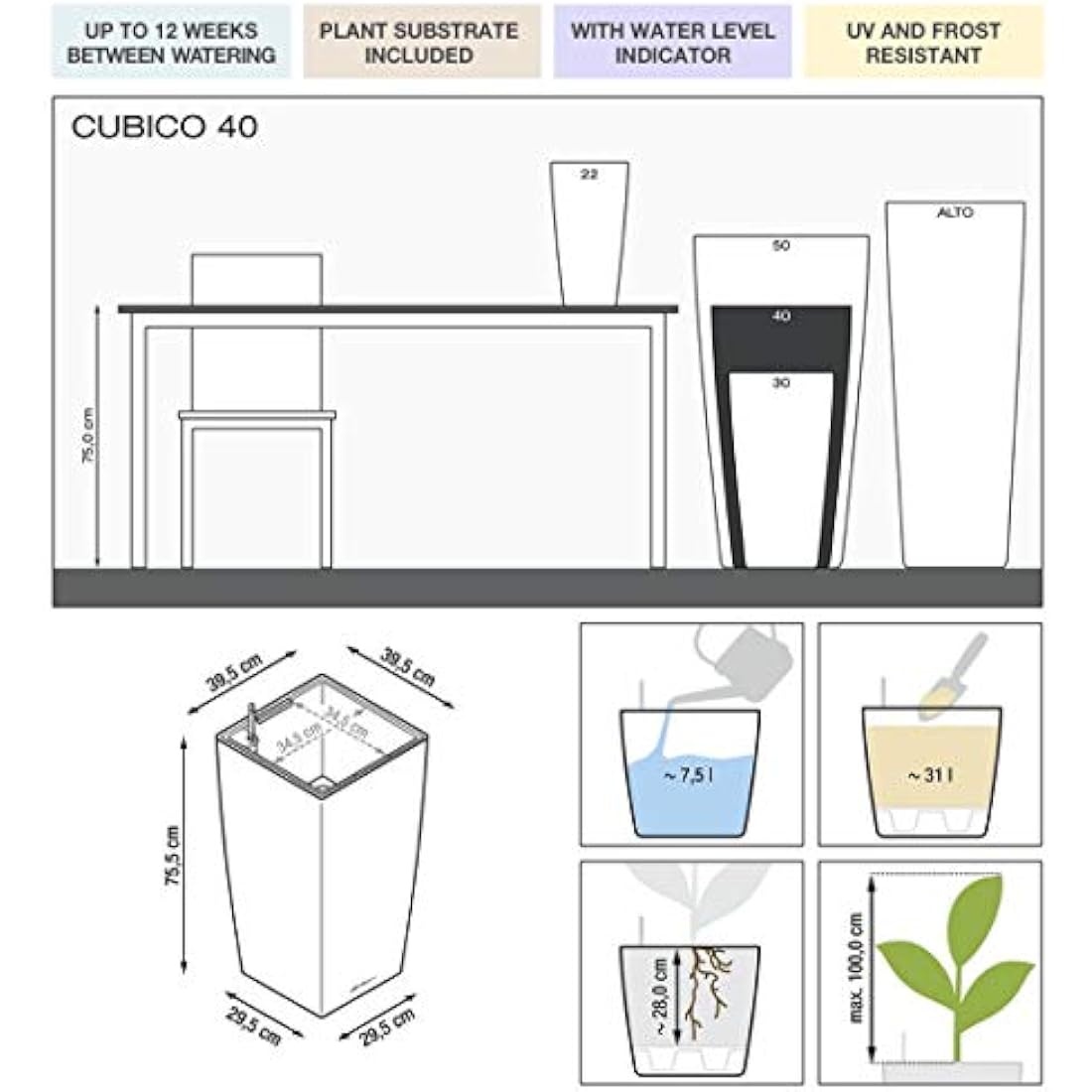 Lechuza CUBICO 40 Self Watering Planter Garden Plastic Indoor and Outdoor Flower Plant Pot with Drainage Hole H75 L40 W40 cm Charcoal Metallic