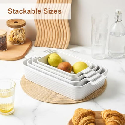 Jassceram Ceramic Casserole Dish Set of 4 Deep Rectangular Lasagna Pan Baking Dishes with Handles Large Porcelain Oven Safe Bakeware for Cooking Brownie Banquet Mac&Cheese(9.6"/11.5"/13.1"/15.2")