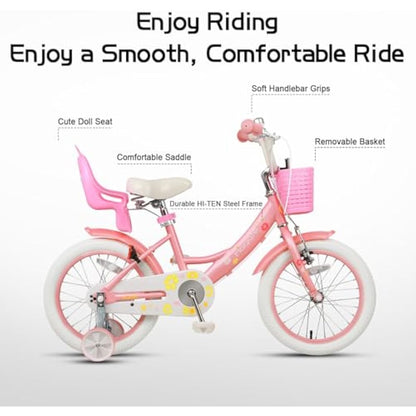 Glerc Maggie 12 Inch Kids Bike for 2-13 Years Old, Girls Bicycle with Doll-Seat & Basket & Stabilisers & Kickstand, Multiple Colors