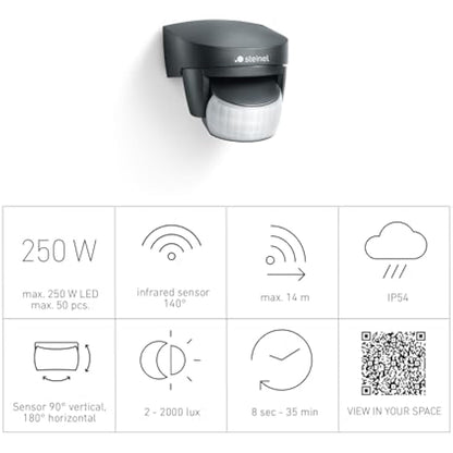 Steinel Motion Sensor IS 140-2 Black, 140° Infrared Movement Detector, 14m Range, Swiveling, Max. 1000 W or 6 LED Lights