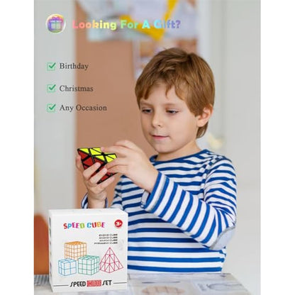 ROXENDA Speed Cube Set, 2X2 3X3 4X4 Pyramid Cube Original Fast with Instruction [4 Pack](Sticker Cube Set)