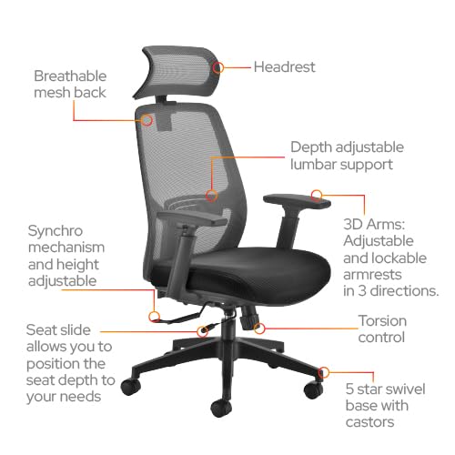 Office Hippo Ergonomic Mesh Office Desk Chair, Desk Chair, Adjustable Ergonomic Swivel Chair with Headrest, Lumbar Support, 3D Arms & Tension Control