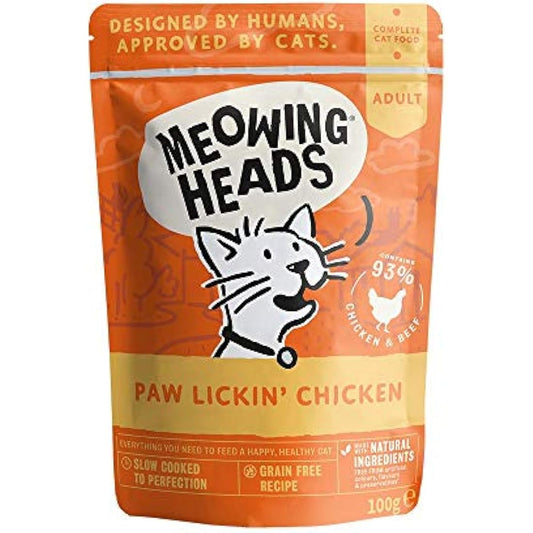 Meowing Heads Wet Cat Food - Paw Lickin' Chicken - 93% Natural Chicken Pouches with No Artificial Flavours, Grain-Free Recipe (10 x 100 g)