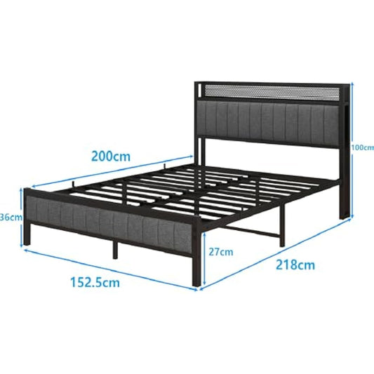 MOFLUT King Size Bed Frame with Wooden Storage Headboard Shelf, Upholstered Bed Frames King Size with Metal Slats Enhanced Support, No Box Spring Needed, Gray King Bed