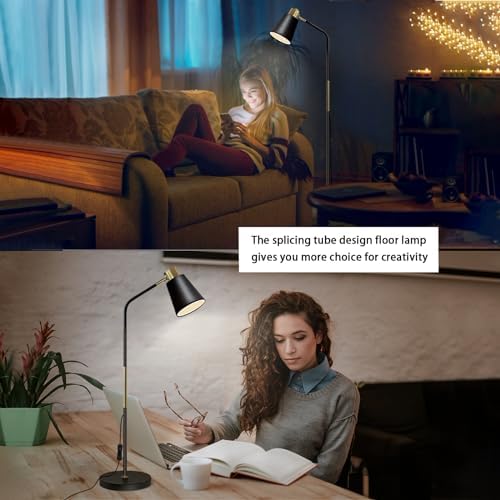 Floor Lamp, Industrial Floor Lamps Corner Lamp Rustic Farmhouse Standing Lamp, Adjustable Metal Heads Indoor Task Lighting Reading Floor Lamps for Living Room, Bedroom, E27 Socket (Black)