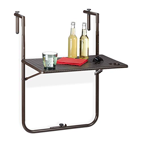 Relaxdays Folding Balcony Table, Hang on Railings, 3 Height Settings, Rattan Effect Tabletop, WxD: 59.5 x 36 cm, Brown