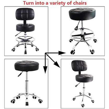 KKTONER Swivel Round Rolling Stool PU Leather with Adjustable Foot Rest, Height Adjustable Task Work Drafting Chair with Back (Black)