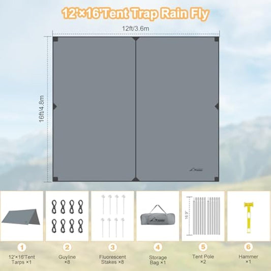 WADEO Large 12x16FT Camping Tarp, Waterproof Tarp with Heavy-Duty Fabric & Poles, Hammock Tent For Camping, Hiking, Comes with Luminous Pegs & Hammer, Easy to Set Up (Grey)