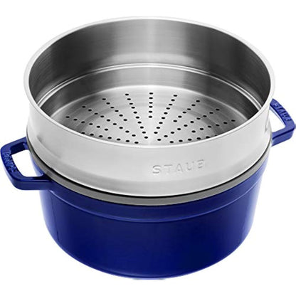STAUB Cast Iron Roaster/Cocotte with Steamer Insert, Round, 26 cm, 5.2 L, With matte black interior enamel, Dark Blue