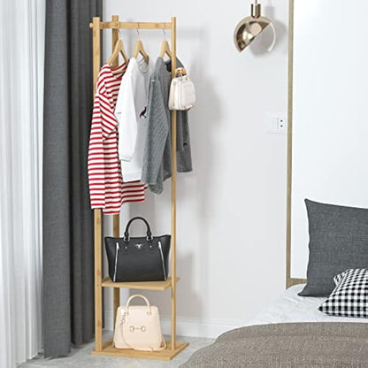 unho Bamboo Clothing Rack, Corner Coat Rack Stand Hall Trees Free Standing Clothes Hanging Rail Garment Rack with 2 Shelves 3 Hanger Hooks and Pants Hanger for Entryway Bedroom Living Room