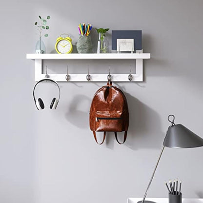 SMIBUY Coat Hooks with Shelf Wall-Mounted, 74 cm Entryway Coat Rack for Wall, Bamboo Hanging Shelf with 5 Double Metal Hooks for Bathroom, Bedroom, Kitchen, Living Room, Mudroom (White)