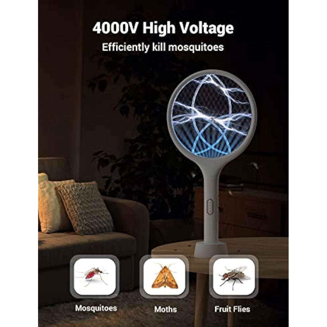 YISSVIC Electric Fly Swatter 4000V Bug Fly Zapper Racket Mosquito Killer 1500 mAh 3 Layers Mesh with USB C Cable Stand Base for Indoor Outdoor