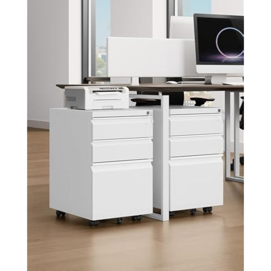 YITAHOME 3-Drawers Lockable File Cabinet for Letter/legal/A4 Size, Home Office Mobile Filing Cabinet with Wheel, Anti-tipping Under Desk File Storage Cabinets, Fully Assembled, White, 46 x 39 x 62cm